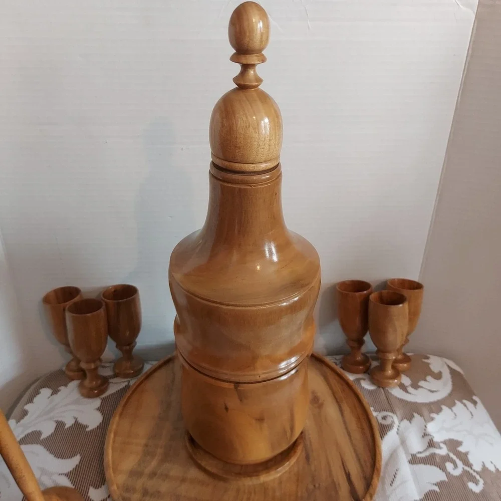 Vintage Hand Turned Wood Decanter Set 6 Goblets Tray Mid Century Modern Barware